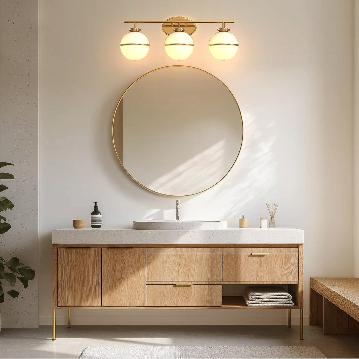 24 in. Modern 3-Light Bathroom Vanity Light with Farmhouse Heritage Brass Globe Shade