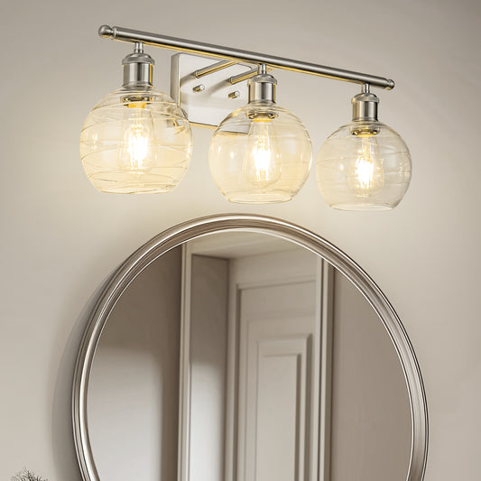 23 in. 3-Light Brushed Nickel Vanity Light with Clear Globe Glass Shades for Vanity or Powder Room