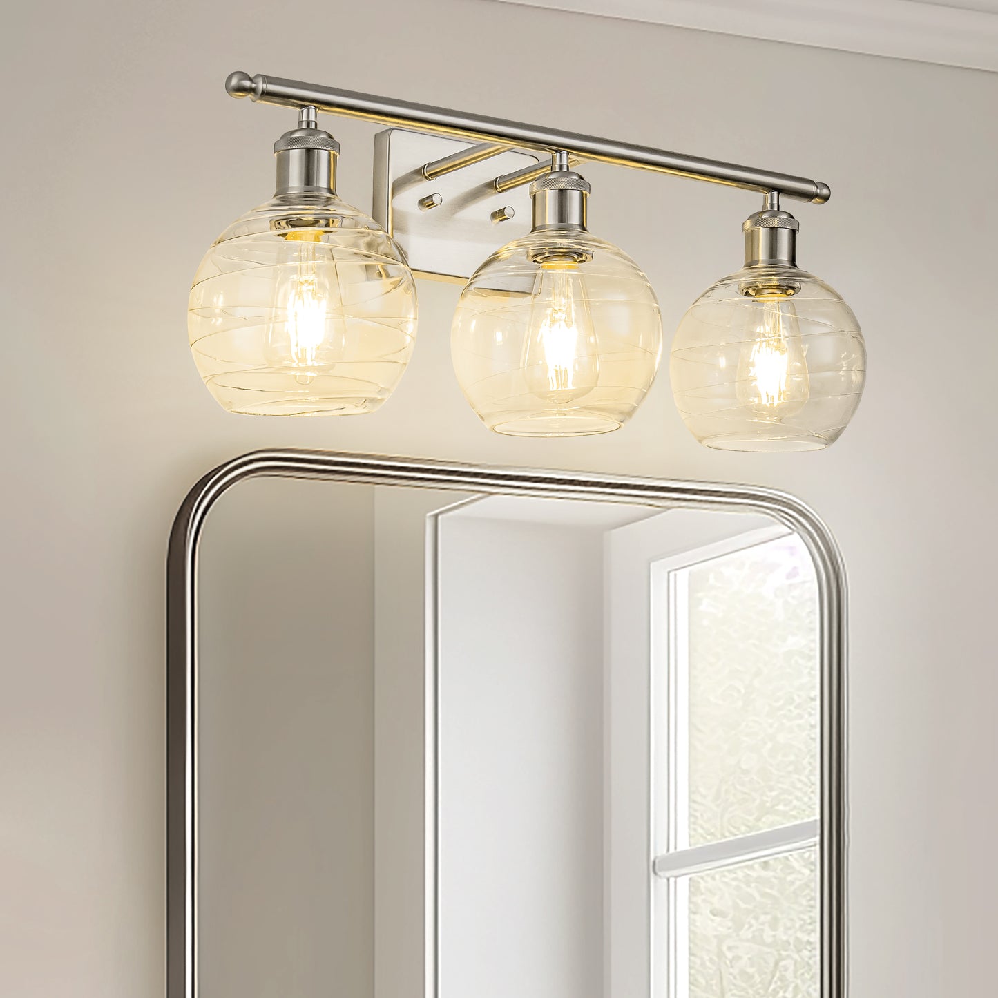 23 in. 3-Light Brushed Nickel Vanity Light with Clear Globe Glass Shades for Vanity or Powder Room