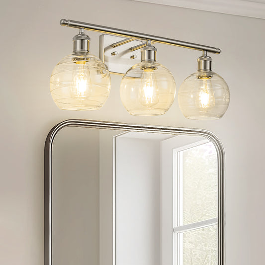 23 in. 3-Light Brushed Nickel Vanity Light with Clear Globe Glass Shades for Vanity or Powder Room