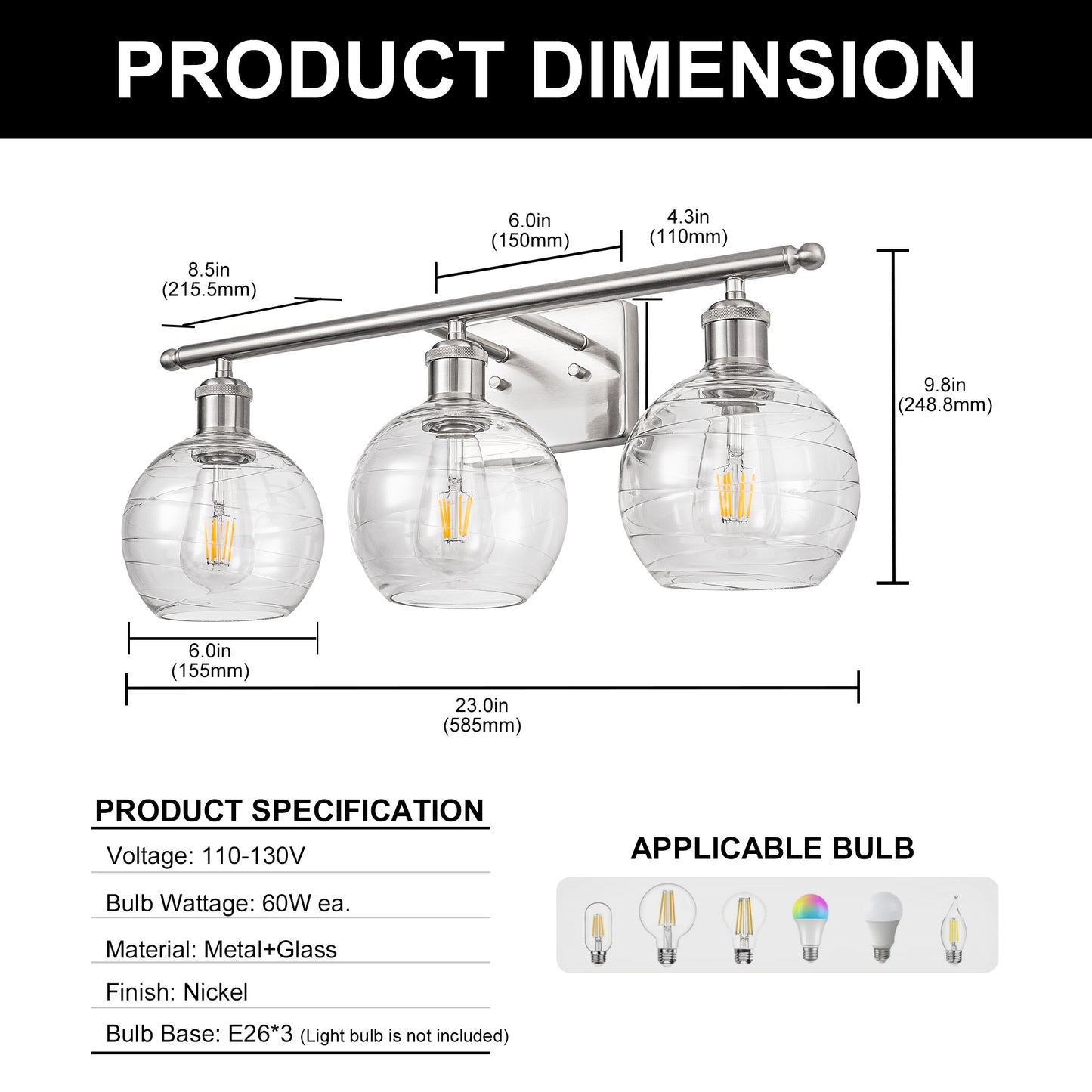 23 in. 3-Light Brushed Nickel Vanity Light with Clear Globe Glass Shades for Vanity or Powder Room