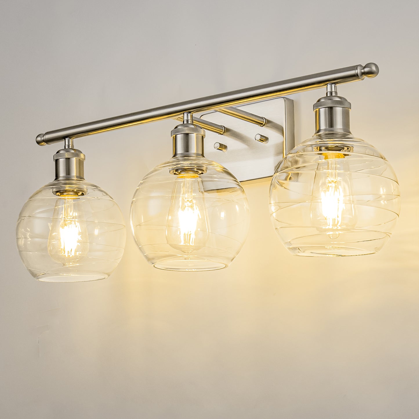 23 in. 3-Light Brushed Nickel Vanity Light with Clear Globe Glass Shades for Vanity or Powder Room