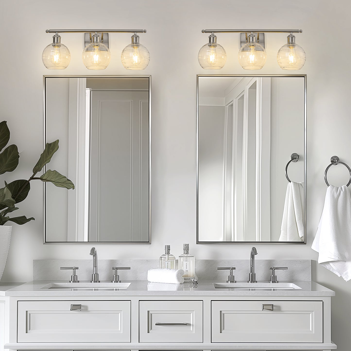 23 in. 3-Light Brushed Nickel Vanity Light with Clear Globe Glass Shades for Vanity or Powder Room