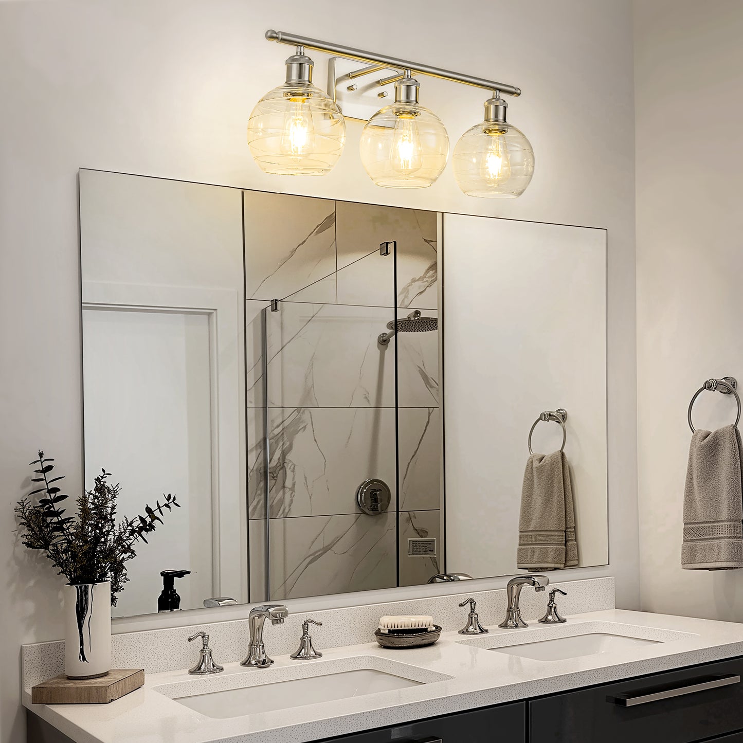 23 in. 3-Light Brushed Nickel Vanity Light with Clear Globe Glass Shades for Vanity or Powder Room