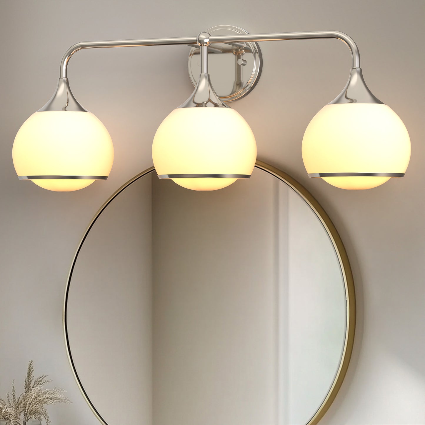 27 in. Modern 3-Light Brushed Nickel Vanity Light   Bathroom Lighting with Soft White Glass for Bathroom