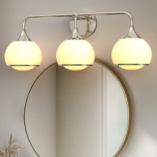 27 in. Modern 3-Light Brushed Nickel Vanity Light   Bathroom Lighting with Soft White Glass for Bathroom