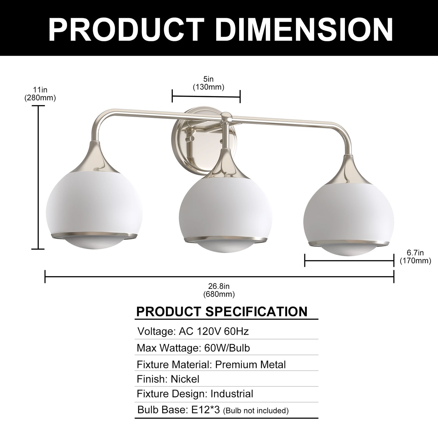 27 in. Modern 3-Light Brushed Nickel Vanity Light   Bathroom Lighting with Soft White Glass for Bathroom