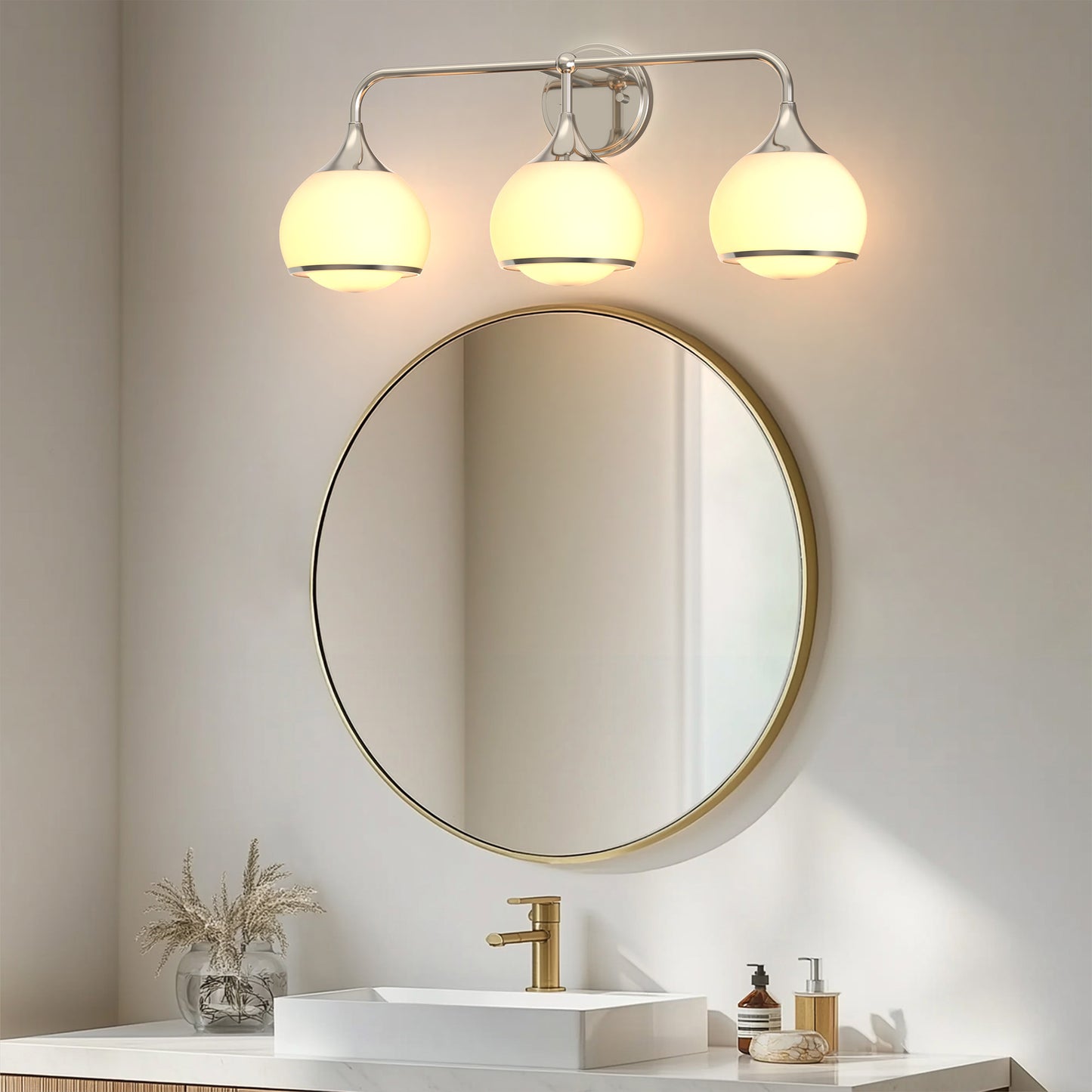 27 in. Modern 3-Light Brushed Nickel Vanity Light   Bathroom Lighting with Soft White Glass for Bathroom