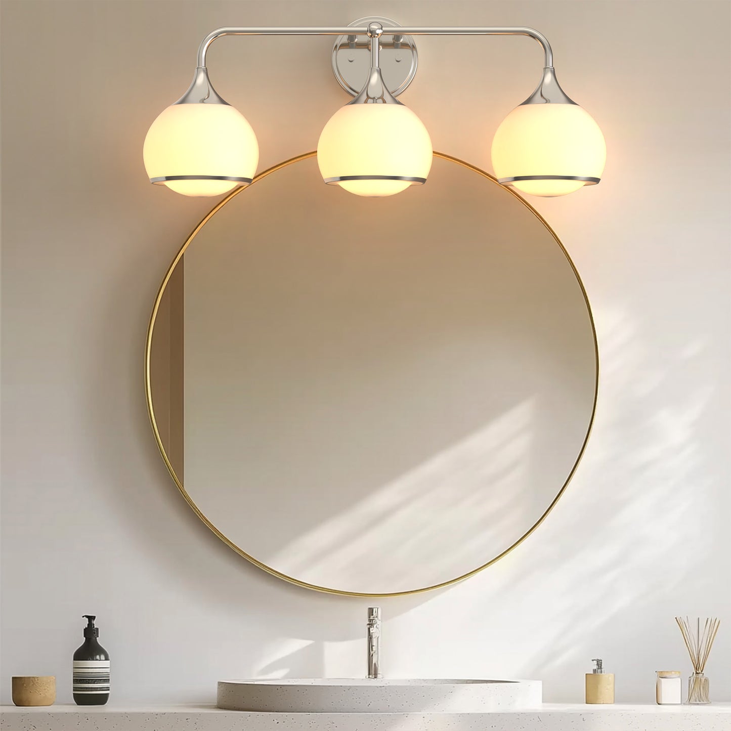 27 in. Modern 3-Light Brushed Nickel Vanity Light   Bathroom Lighting with Soft White Glass for Bathroom