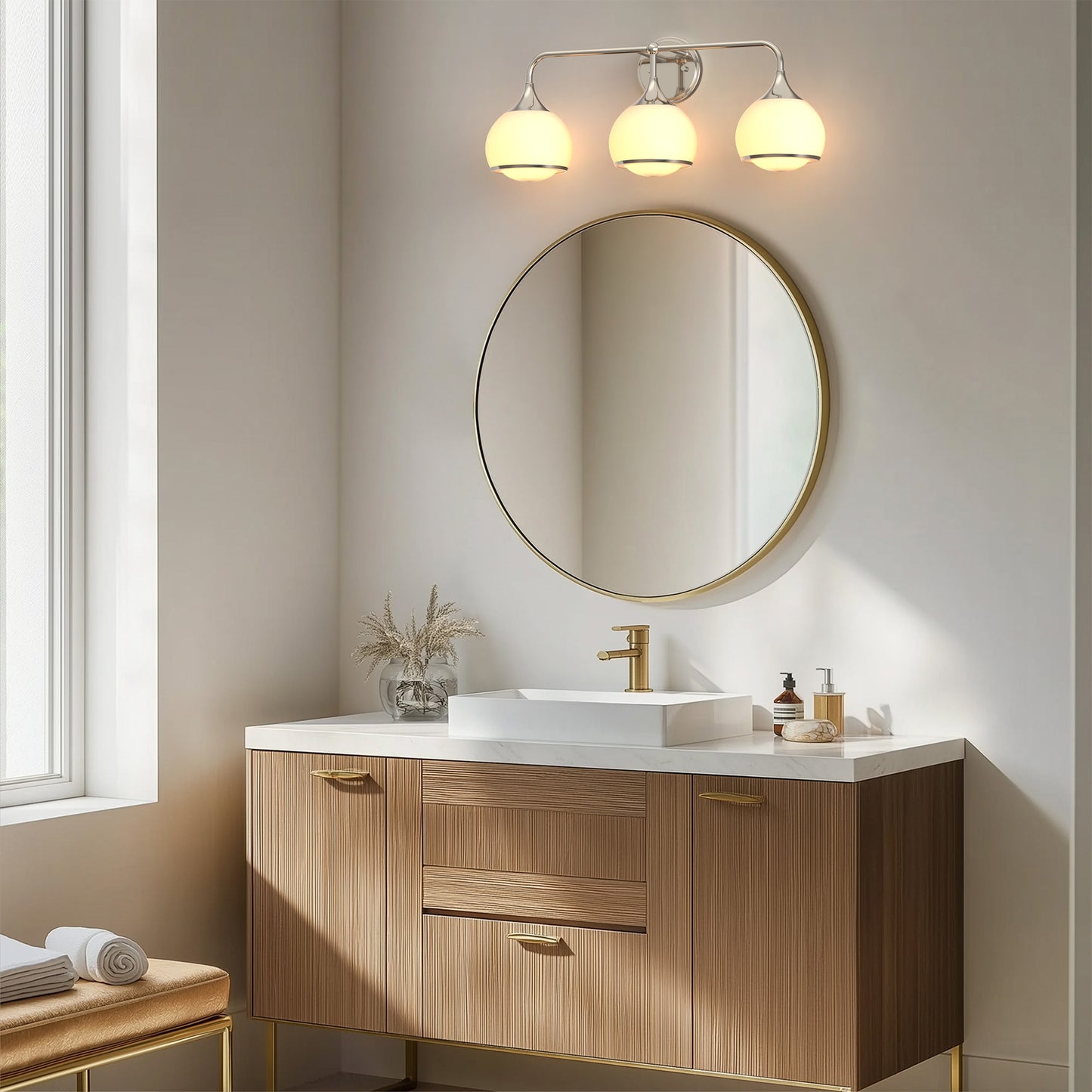 27 in. Modern 3-Light Brushed Nickel Vanity Light   Bathroom Lighting with Soft White Glass for Bathroom