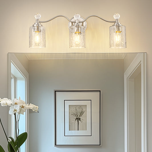 24 in. 3-Light Brushed Nickel Bathroom Vanity Light with Crystal Accents and Clear Hammered Glass Shades