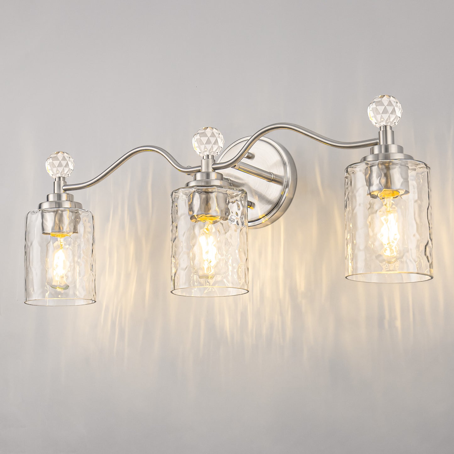 24 in. 3-Light Brushed Nickel Bathroom Vanity Light with Crystal Accents and Clear Hammered Glass Shades