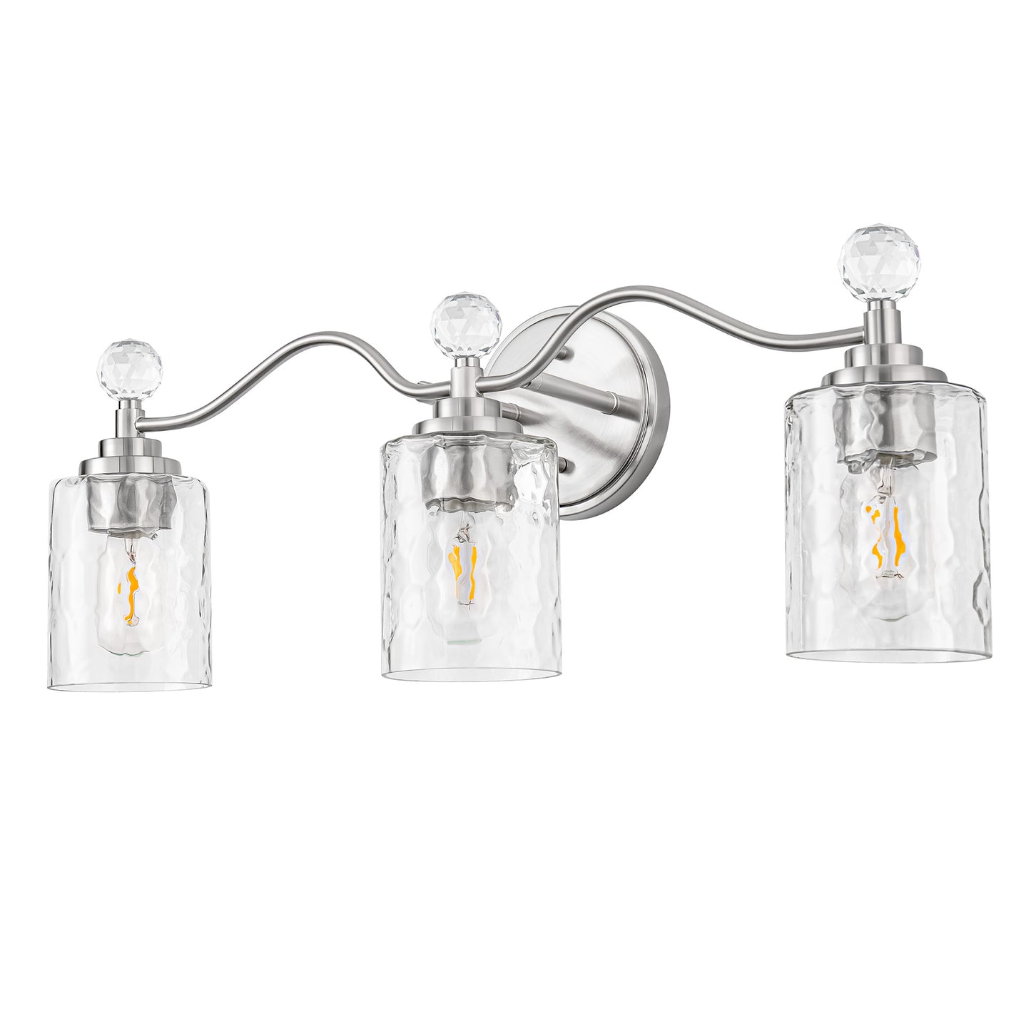 24 in. 3-Light Brushed Nickel Bathroom Vanity Light with Crystal Accents and Clear Hammered Glass Shades