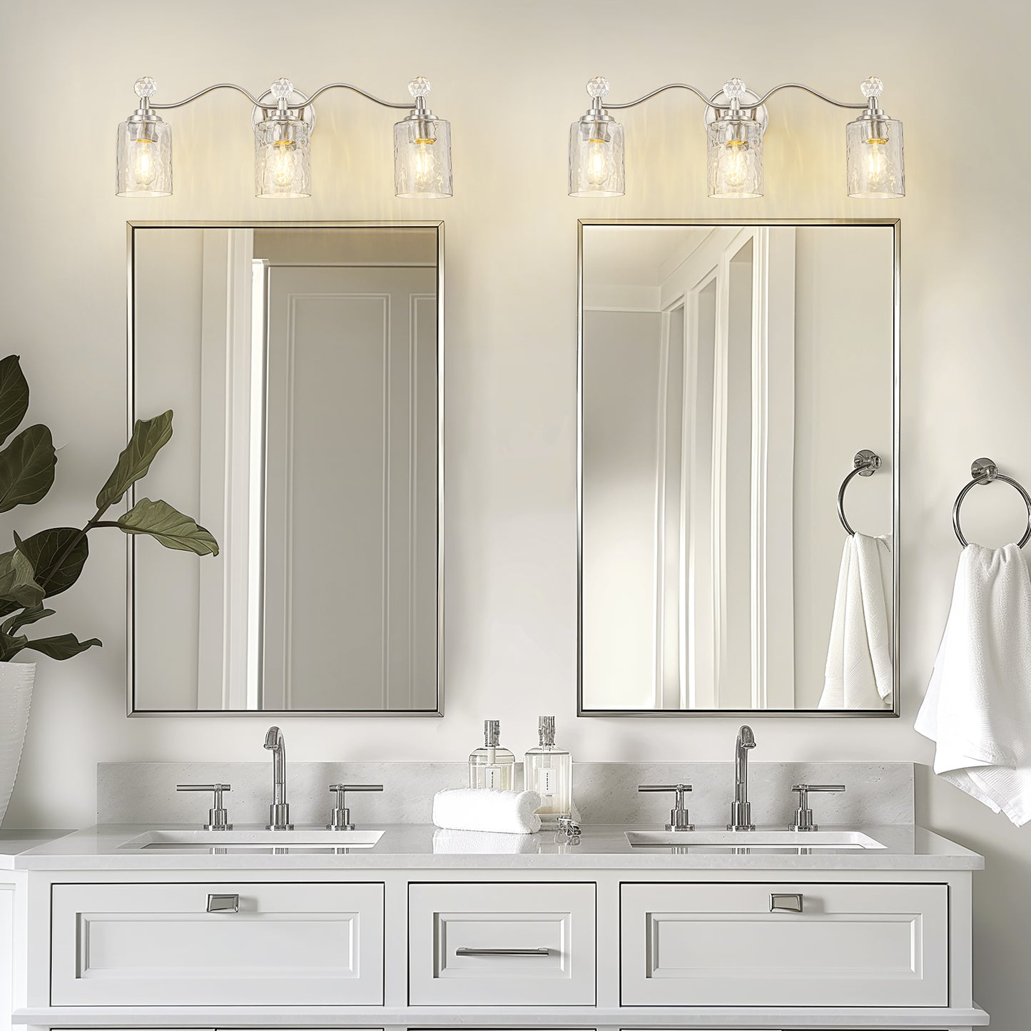24 in. 3-Light Brushed Nickel Bathroom Vanity Light with Crystal Accents and Clear Hammered Glass Shades