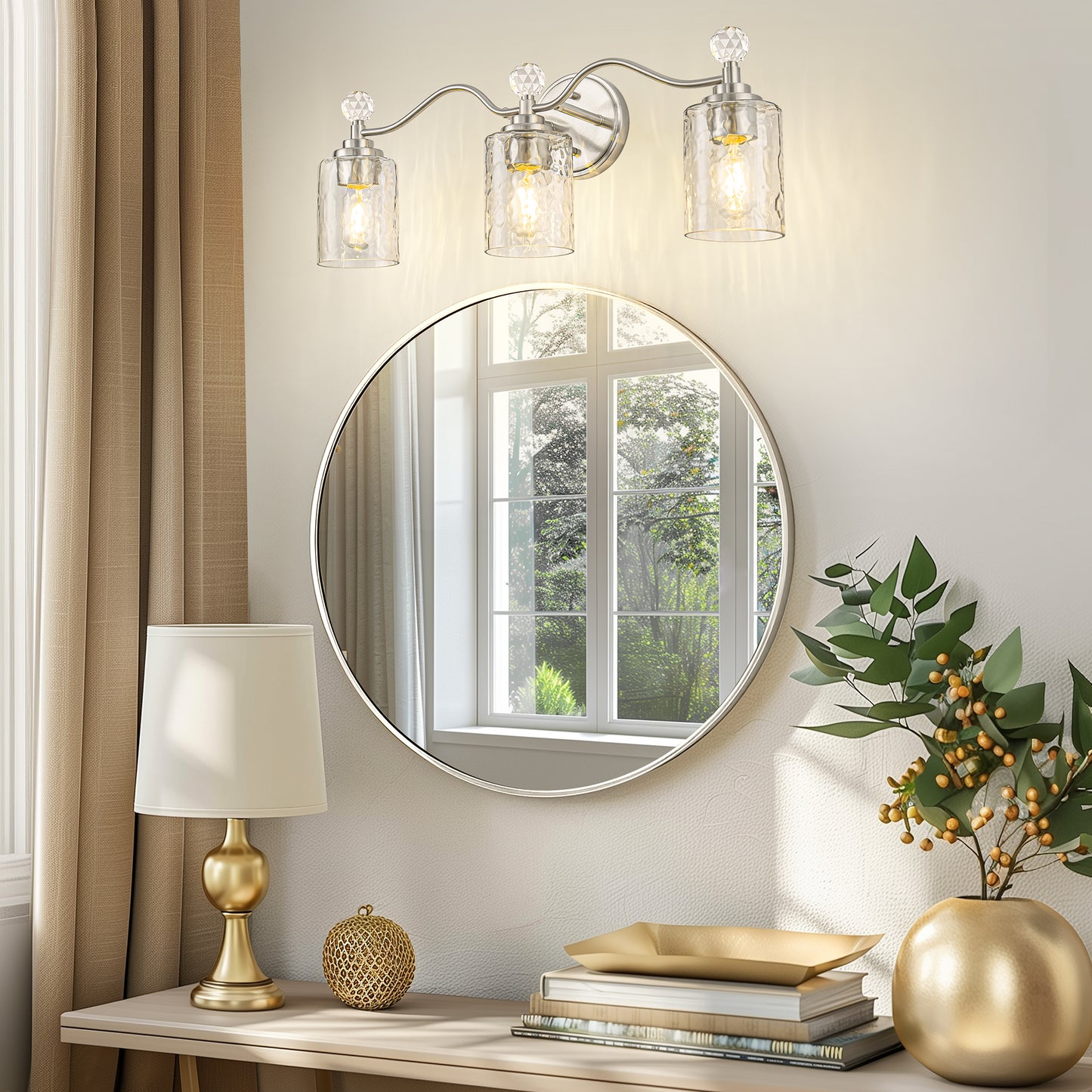 24 in. 3-Light Brushed Nickel Bathroom Vanity Light with Crystal Accents and Clear Hammered Glass Shades