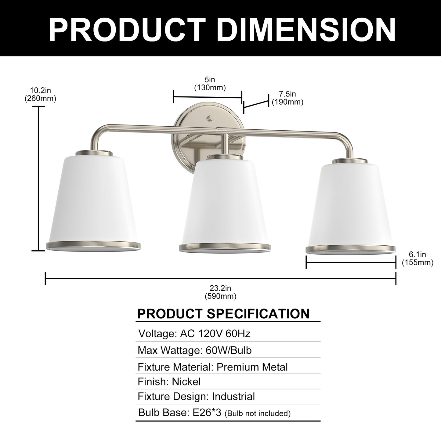 23 in. Modern 3-Light Brushed Nickel Vanity Light with Soft White Glass for Bathroom