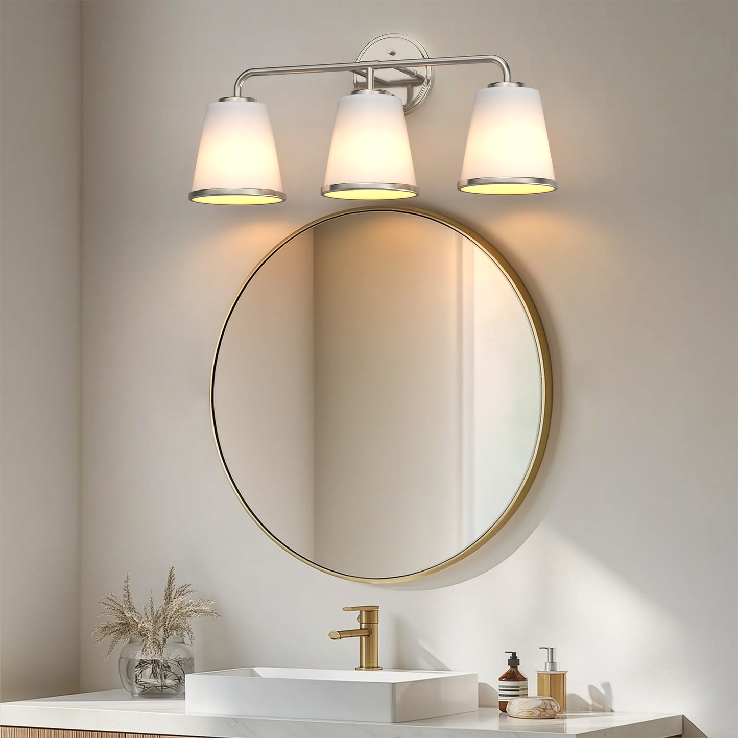 23 in. Modern 3-Light Brushed Nickel Vanity Light with Soft White Glass for Bathroom