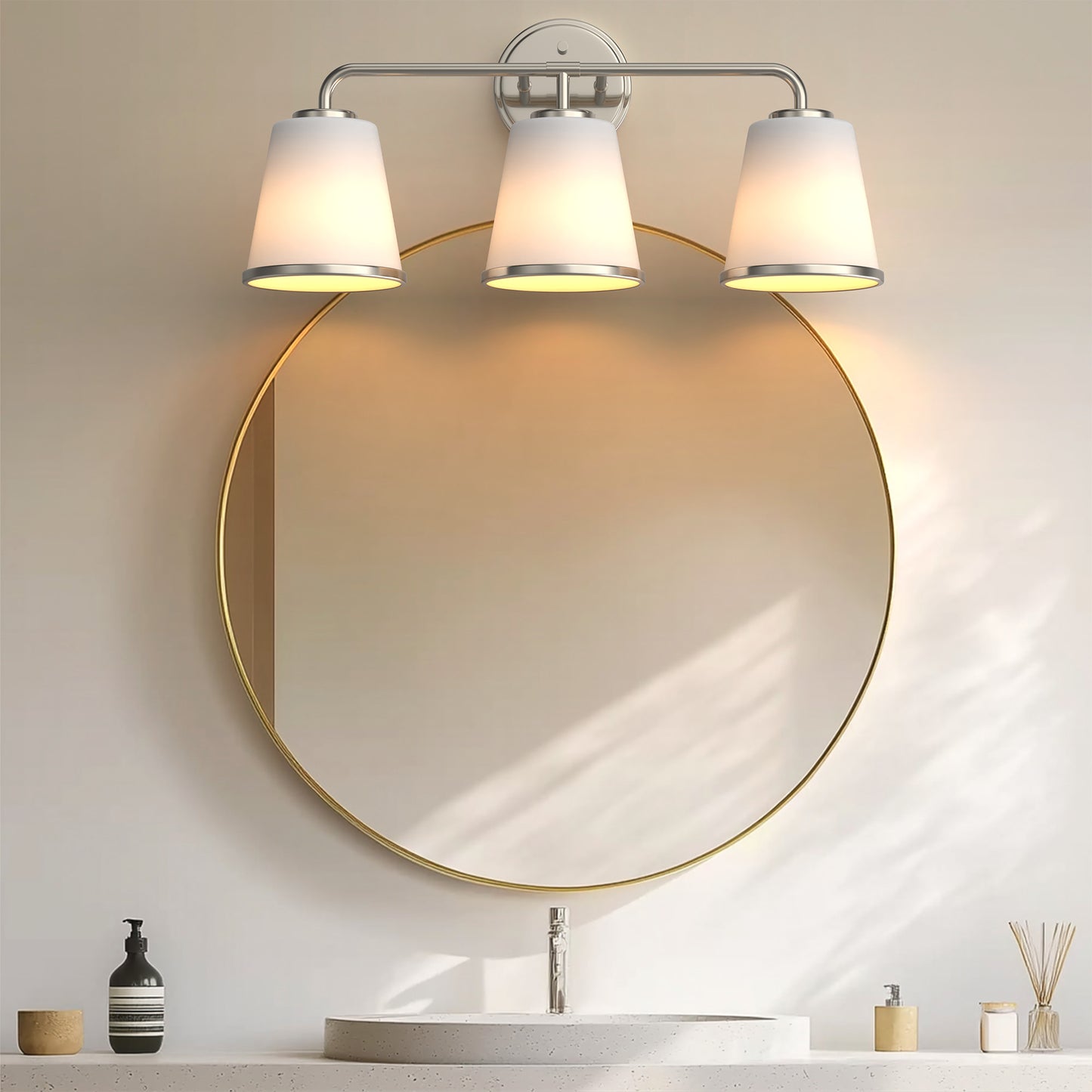 23 in. Modern 3-Light Brushed Nickel Vanity Light with Soft White Glass for Bathroom