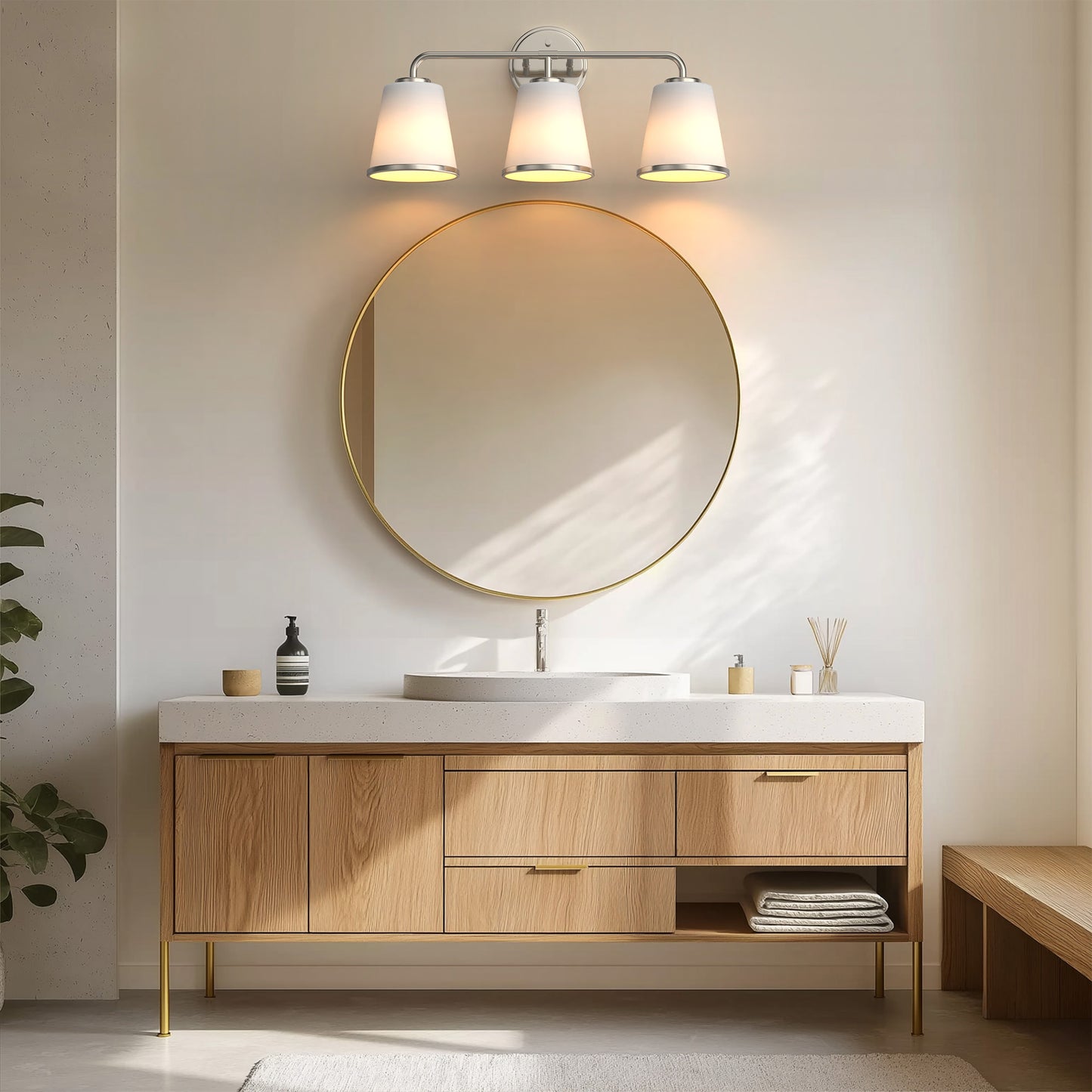 23 in. Modern 3-Light Brushed Nickel Vanity Light with Soft White Glass for Bathroom