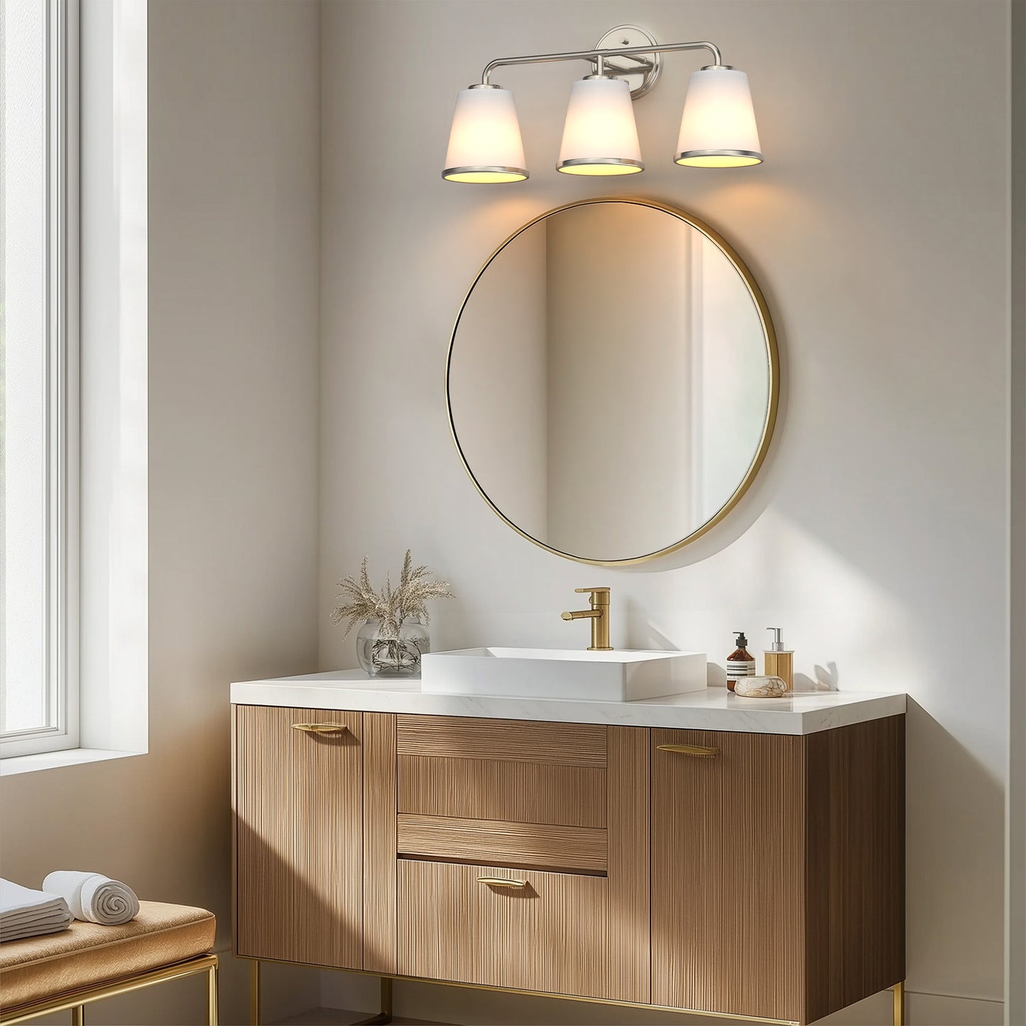 23 in. Modern 3-Light Brushed Nickel Vanity Light with Soft White Glass for Bathroom