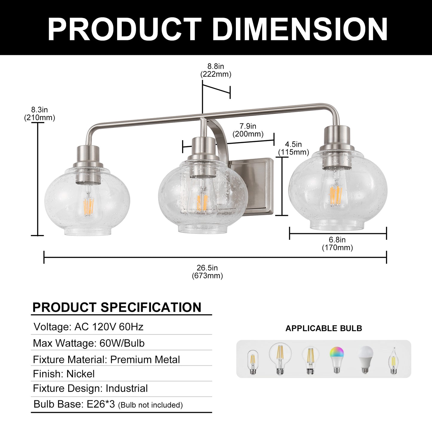 27 in. 3-Light Brushed Nickel Vanity Light with Clear Bubble Glass Shades, Bathroom Wall Sconce for Vanity or Mirror