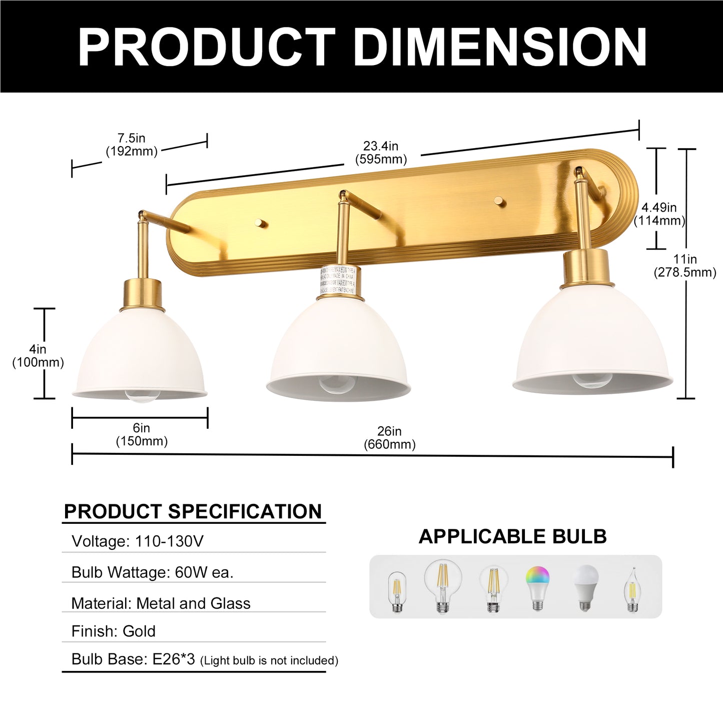 26 in. 3-Light Gold Bathroom Vanity Light with White Shades, Modern Wall Sconce for Bathroom, Vanity