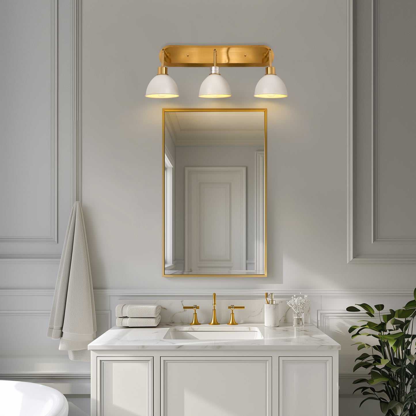 26 in. 3-Light Gold Bathroom Vanity Light with White Shades, Modern Wall Sconce for Bathroom, Vanity