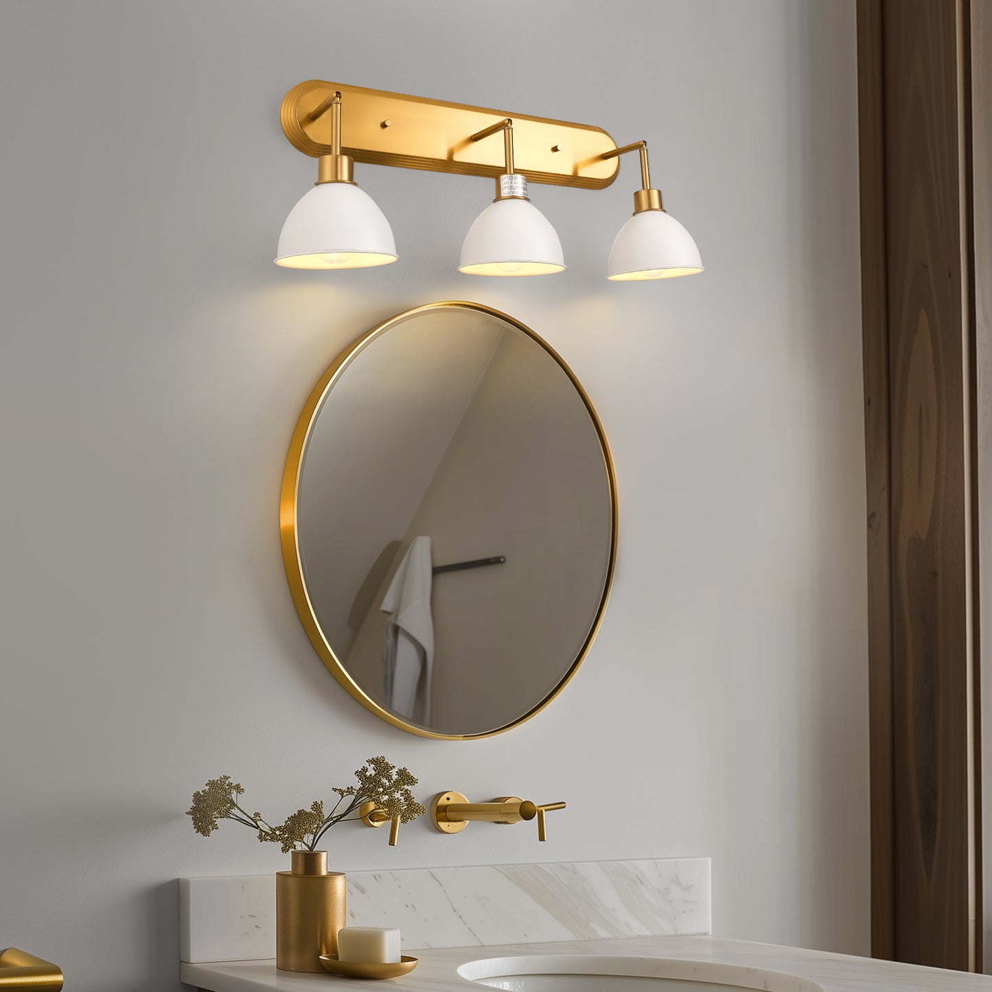 26 in. 3-Light Gold Bathroom Vanity Light with White Shades, Modern Wall Sconce for Bathroom, Vanity