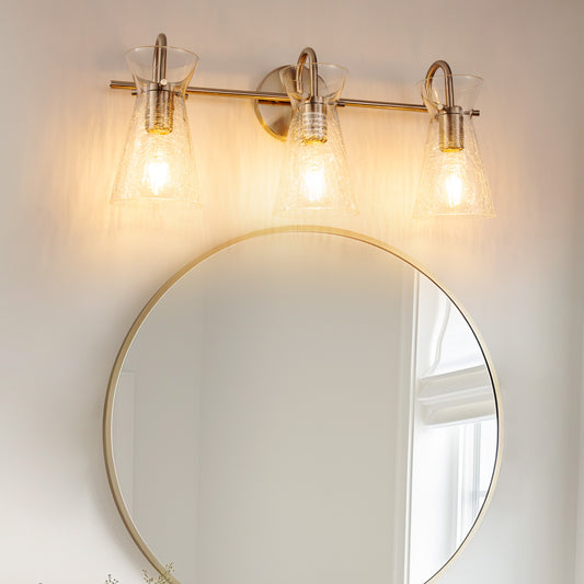 24 in. 3-Light Brushed Nickel Vanity Light with Crackle Glass Shades Modern Bathroom Wall Sconce for Vanity, Mirror
