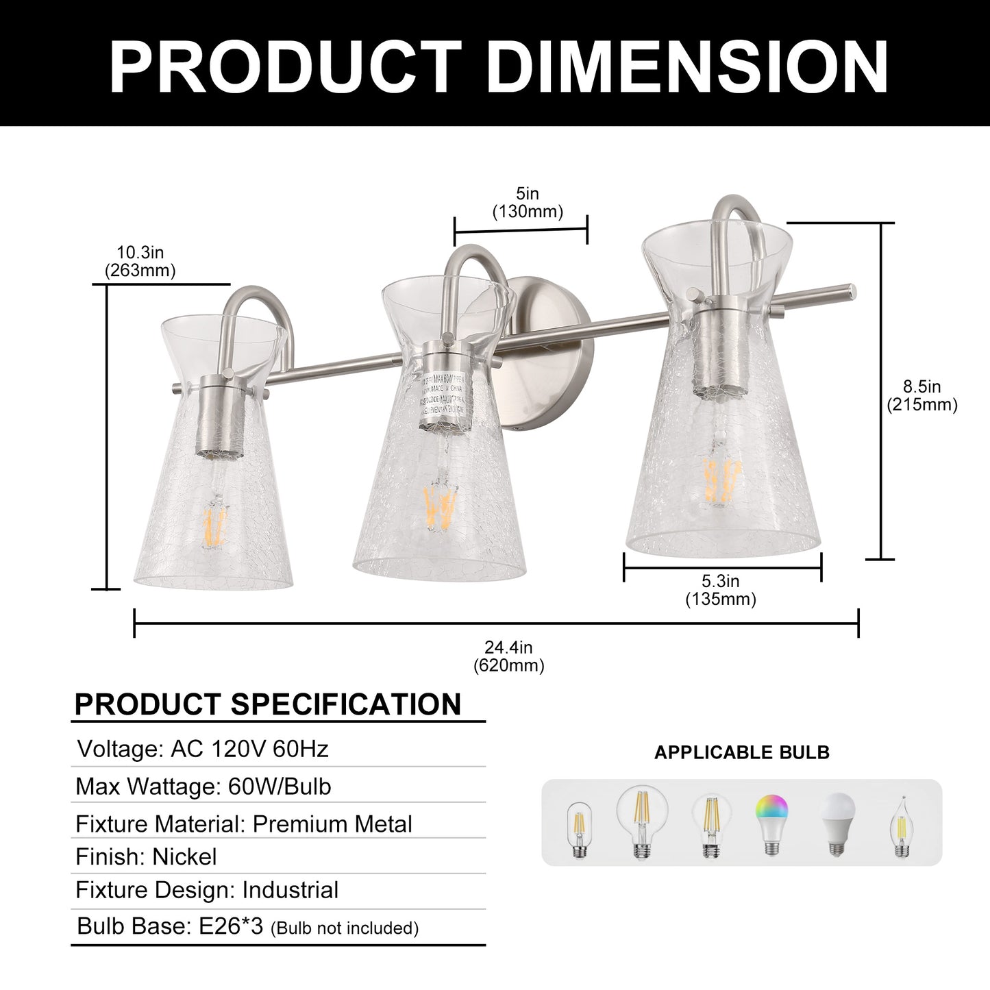 24 in. 3-Light Brushed Nickel Vanity Light with Crackle Glass Shades Modern Bathroom Wall Sconce for Vanity, Mirror