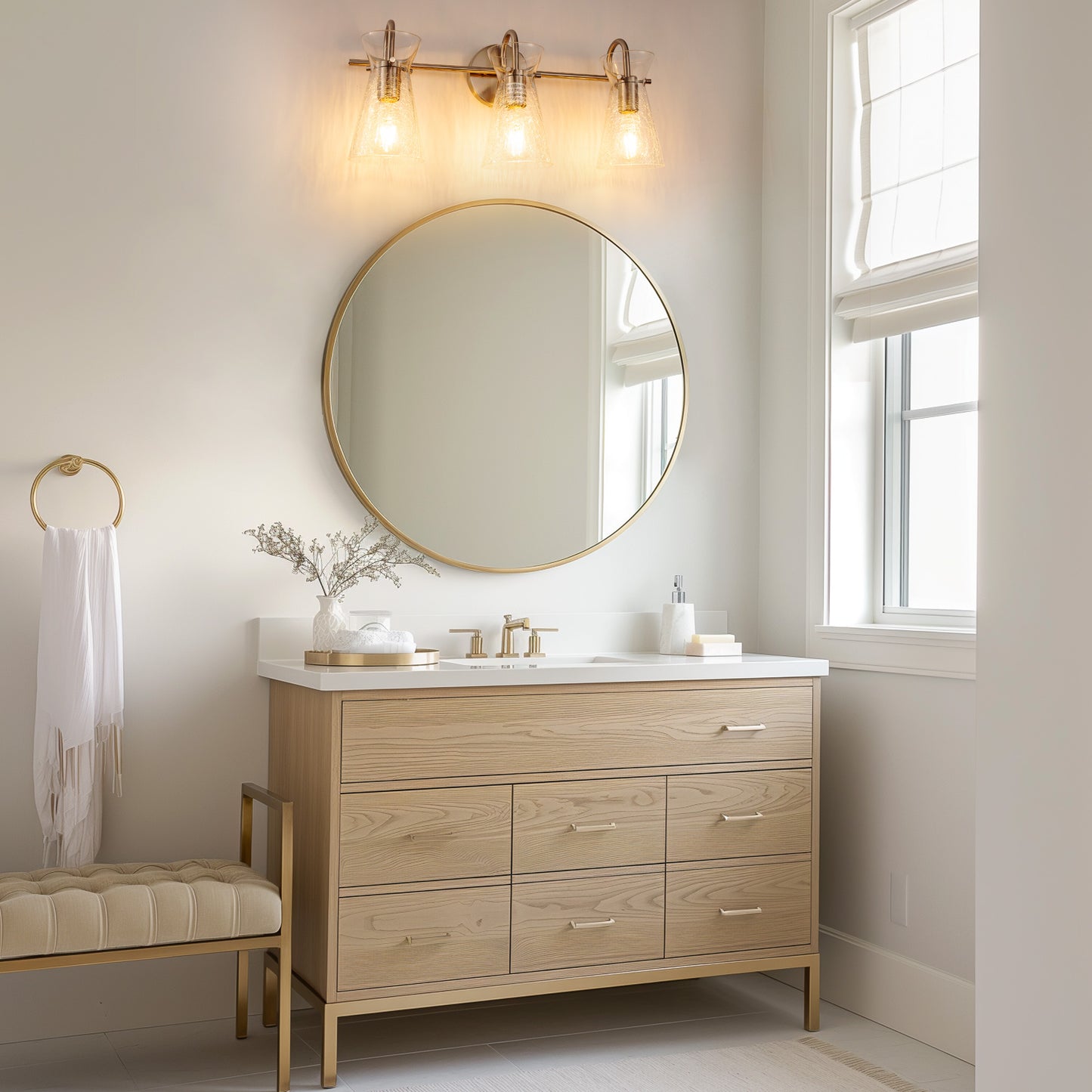 24 in. 3-Light Brushed Nickel Vanity Light with Crackle Glass Shades Modern Bathroom Wall Sconce for Vanity, Mirror