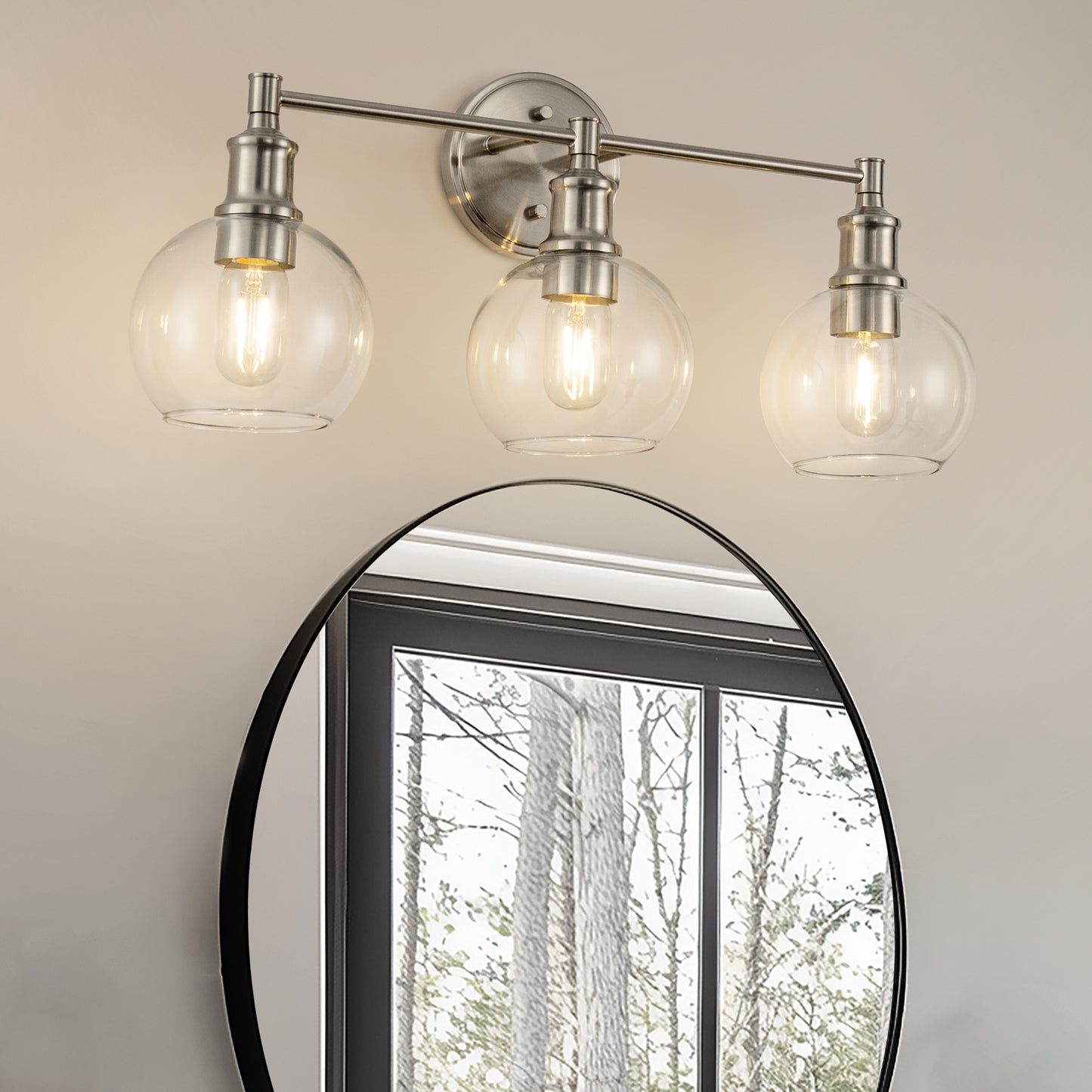 24 in. 3-Light Brushed Nickel Vanity Light with Clear Glass Globe Shades Modern Bathroom Lighting