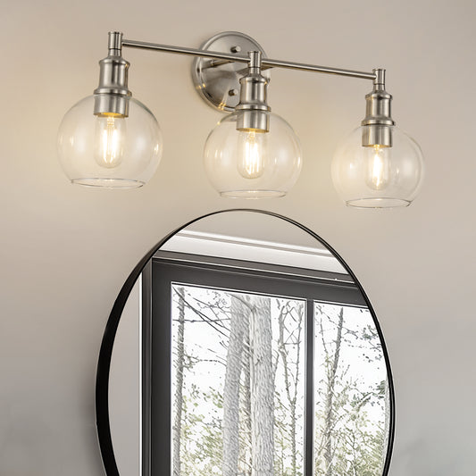 24 in. 3-Light Brushed Nickel Vanity Light with Clear Glass Globe Shades Modern Bathroom Lighting