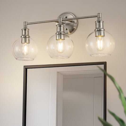 24 in. 3-Light Brushed Nickel Vanity Light with Clear Glass Globe Shades Modern Bathroom Lighting