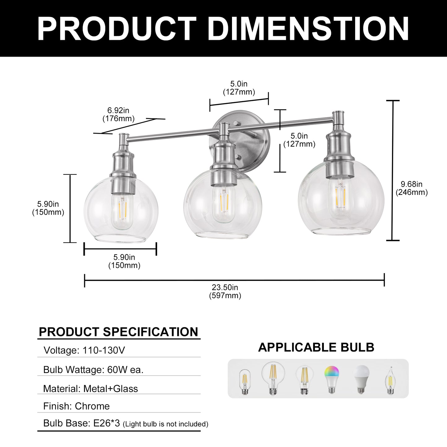 24 in. 3-Light Brushed Nickel Vanity Light with Clear Glass Globe Shades Modern Bathroom Lighting