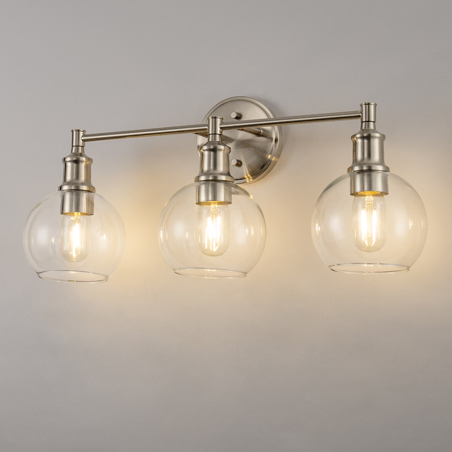 24 in. 3-Light Brushed Nickel Vanity Light with Clear Glass Globe Shades Modern Bathroom Lighting