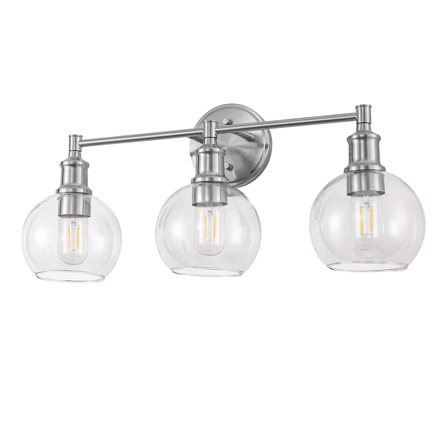 24 in. 3-Light Brushed Nickel Vanity Light with Clear Glass Globe Shades Modern Bathroom Lighting