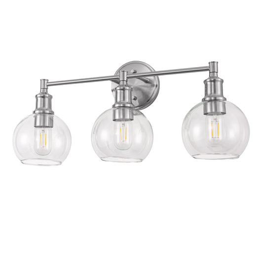 YANSUN 24 in. 3-Light Brushed Nickel Vanity Light with Clear Glass Globe Shades Perfect for Vanity Powder Room Dressing Room