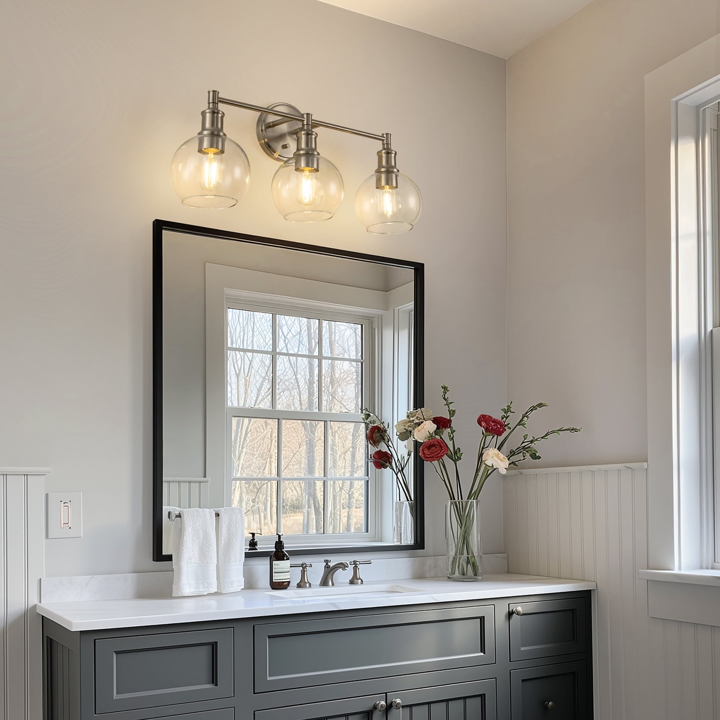 24 in. 3-Light Brushed Nickel Vanity Light with Clear Glass Globe Shades Modern Bathroom Lighting