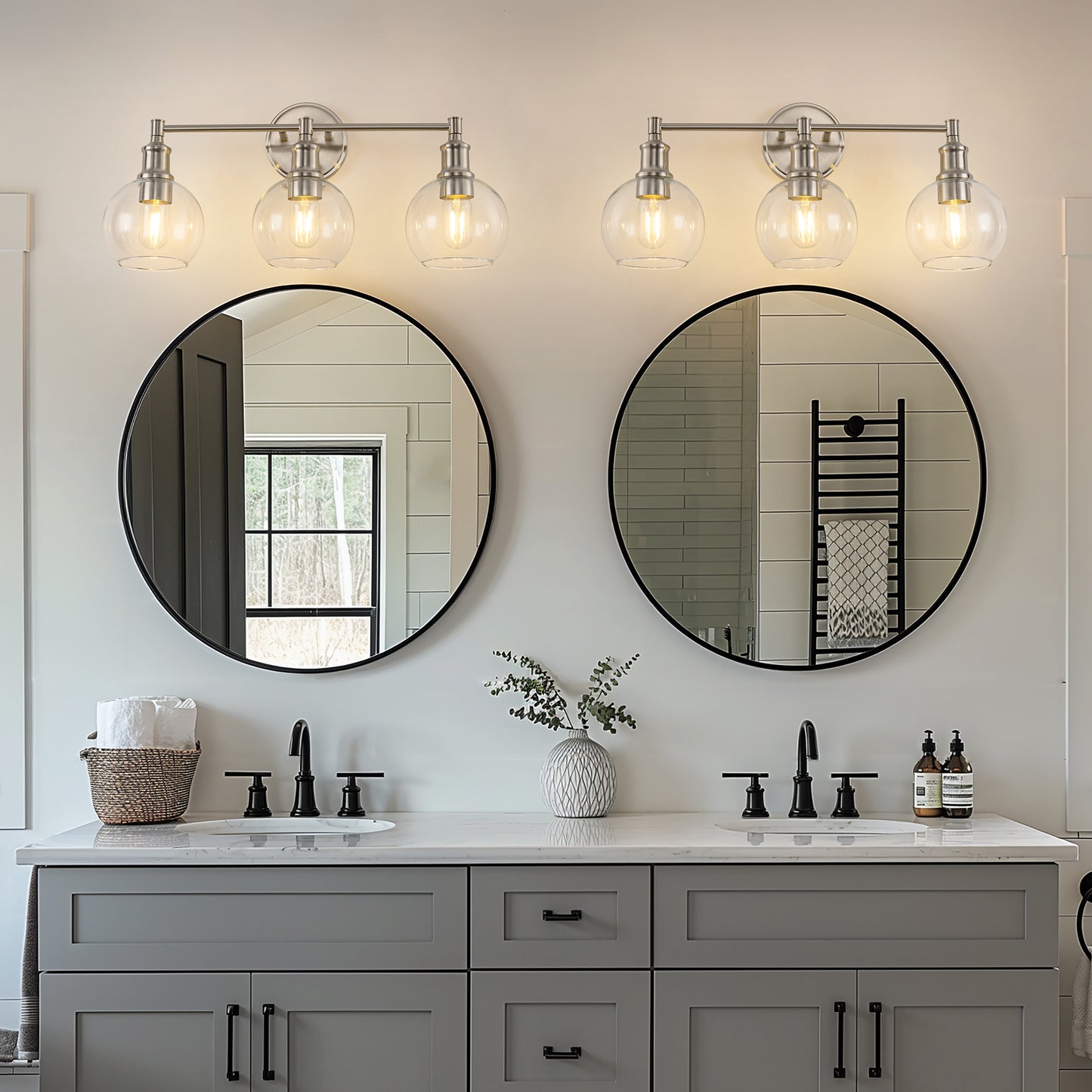 24 in. 3-Light Brushed Nickel Vanity Light with Clear Glass Globe Shades Modern Bathroom Lighting