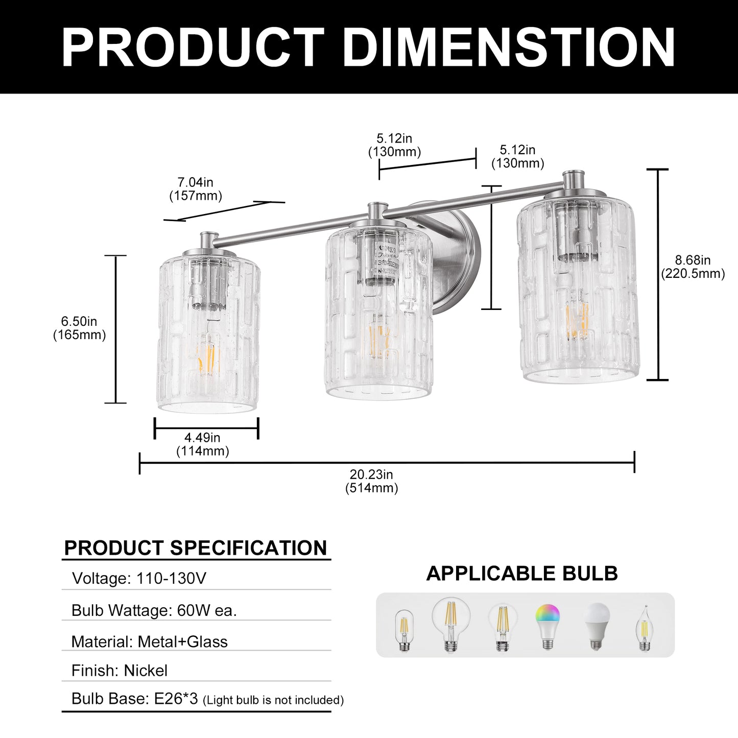20 in. 3-Light Bathroom Vanity Light, Polished Nickel with Clear Seedy Glass Shades, Dimmable Fixture