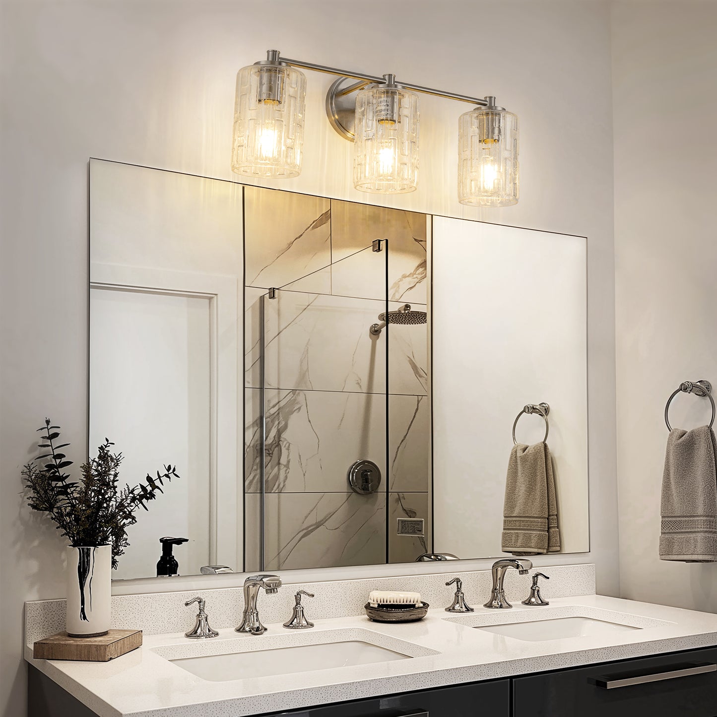 20 in. 3-Light Bathroom Vanity Light, Polished Nickel with Clear Seedy Glass Shades, Dimmable Fixture