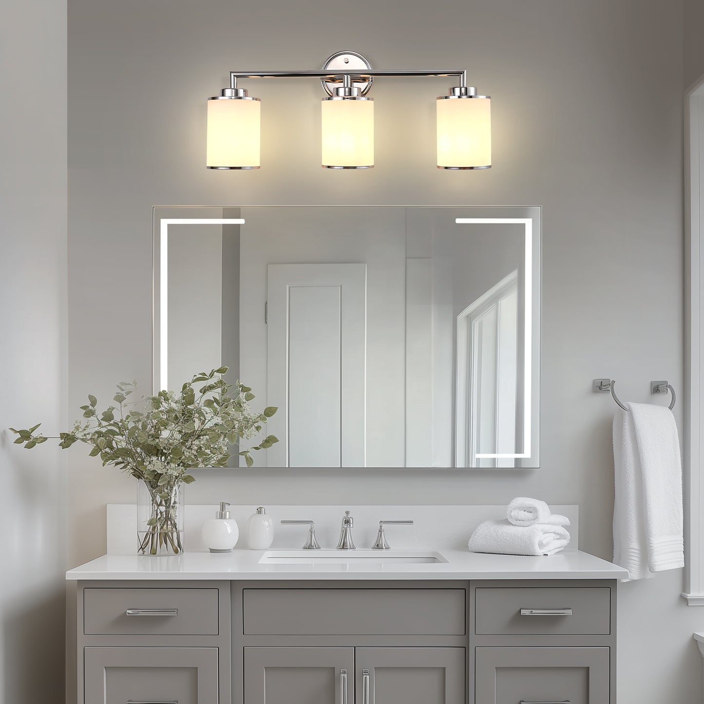 17 in. 3-Light Chrome Vanity Light with Frosted Glass Shades, Modern Bathroom Wall Sconce for Vanity, Mirror