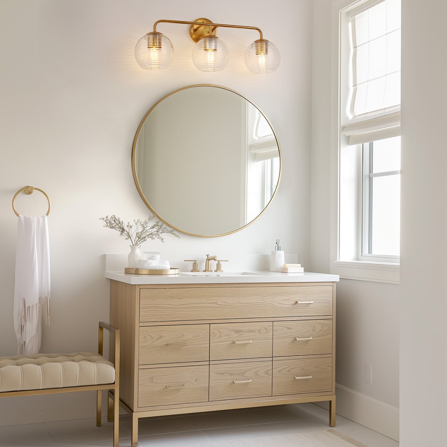 Modern 25 in. 3-Light Gold Vanity Light Fixture with Globe Textured Glass Shades for Over Mirror and Bathroom