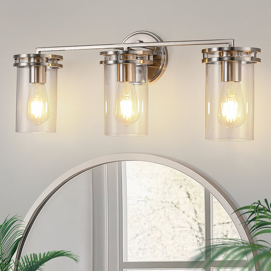 24 in. 3-Light Brushed Nickel Vanity Light with Industrial Glass Shades for Bathroom