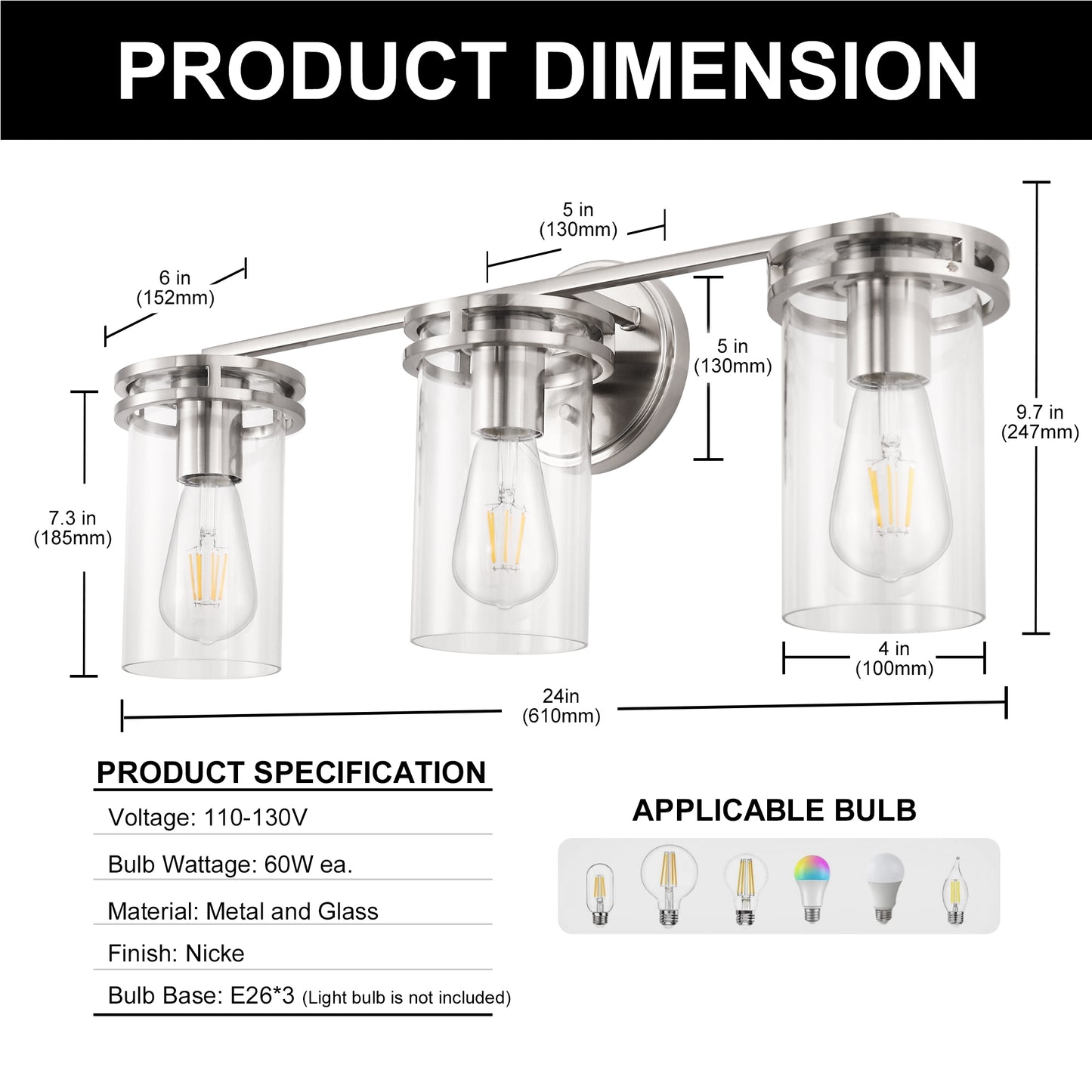 24 in. 3-Light Brushed Nickel Vanity Light with Industrial Glass Shades for Bathroom