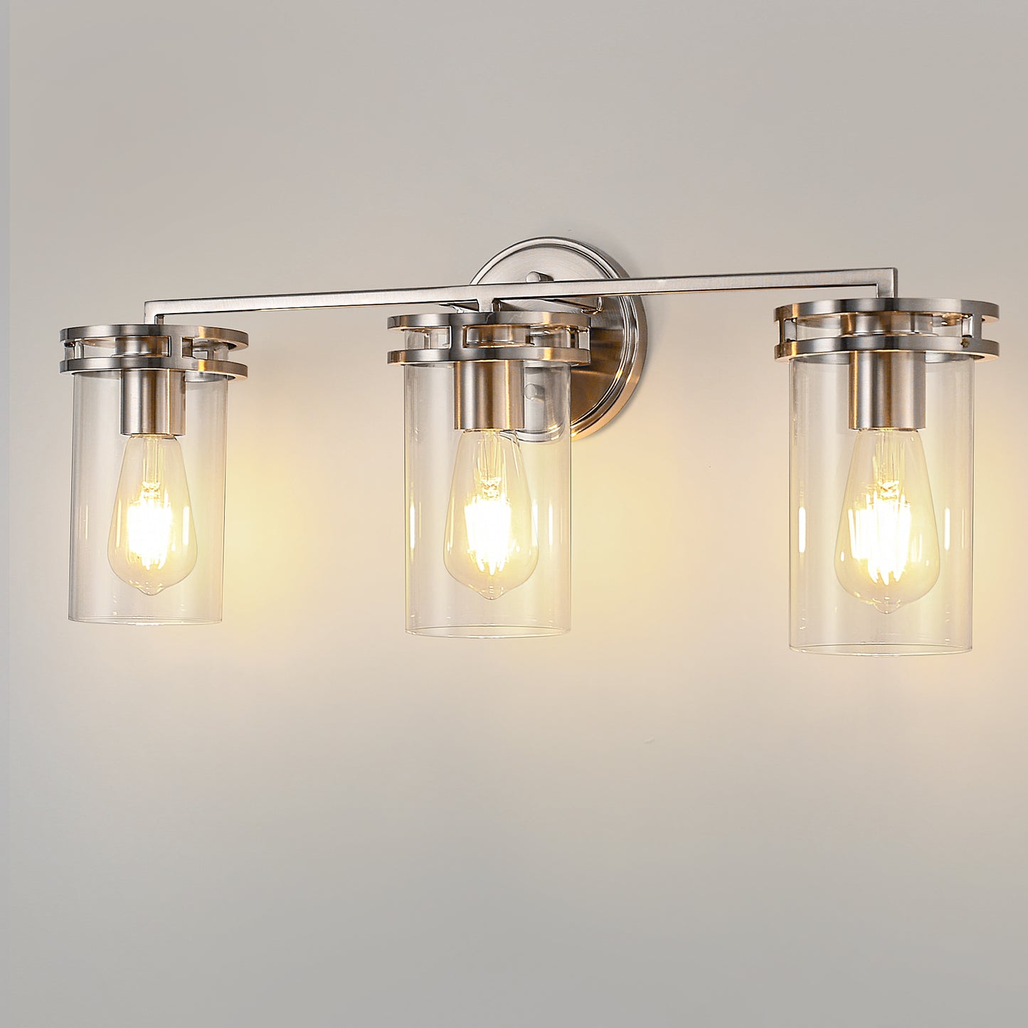 24 in. 3-Light Brushed Nickel Vanity Light with Industrial Glass Shades for Bathroom