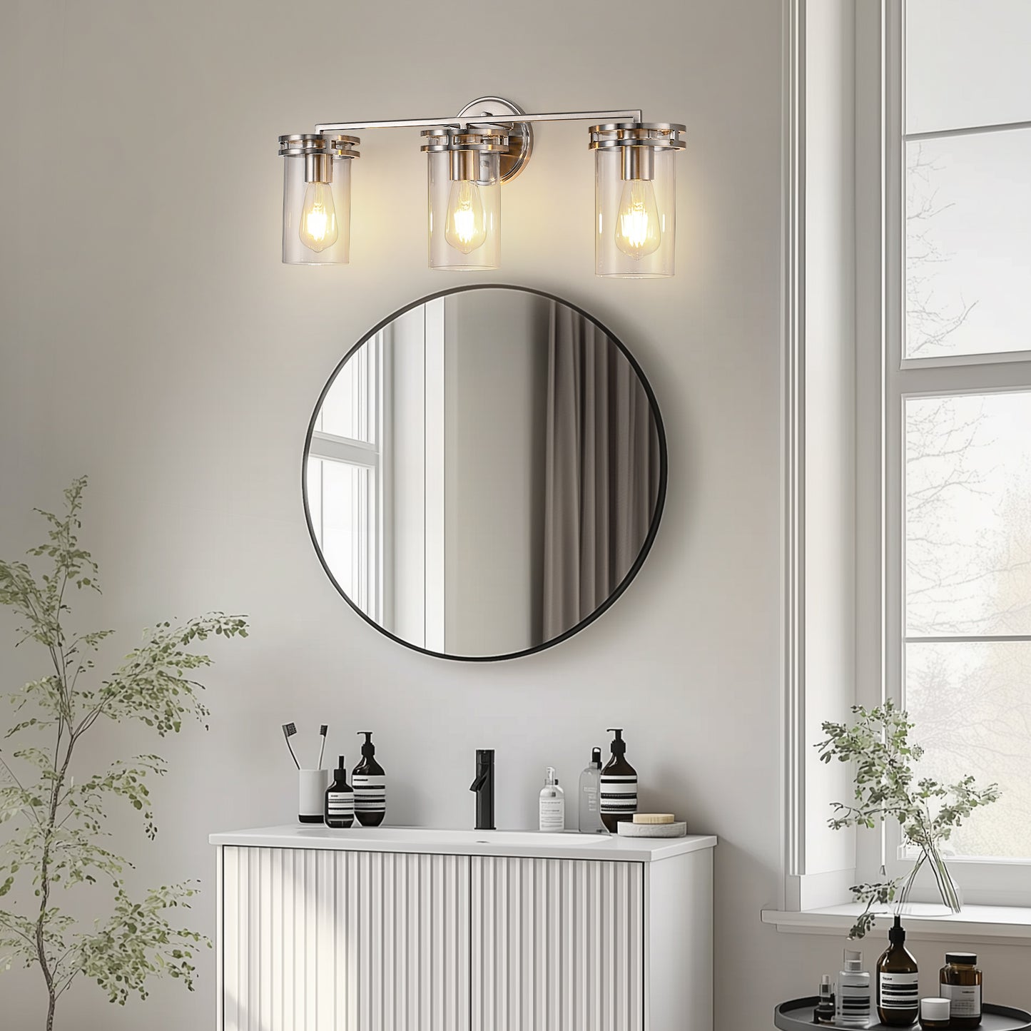 24 in. 3-Light Brushed Nickel Vanity Light with Industrial Glass Shades for Bathroom