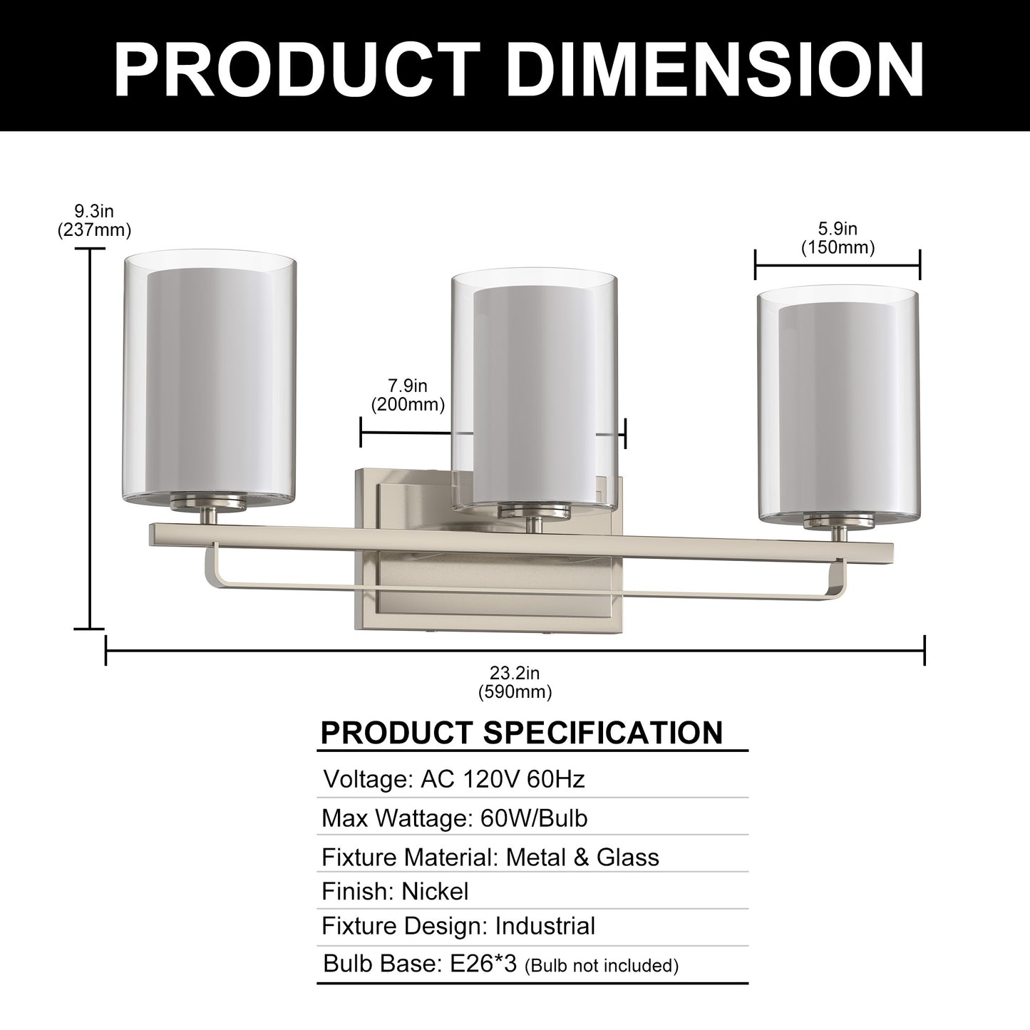22 in. Industrial Brushed Nickel 3-Light Vanity Light, Clear Glass Shades and Sleek Design for Bathroom