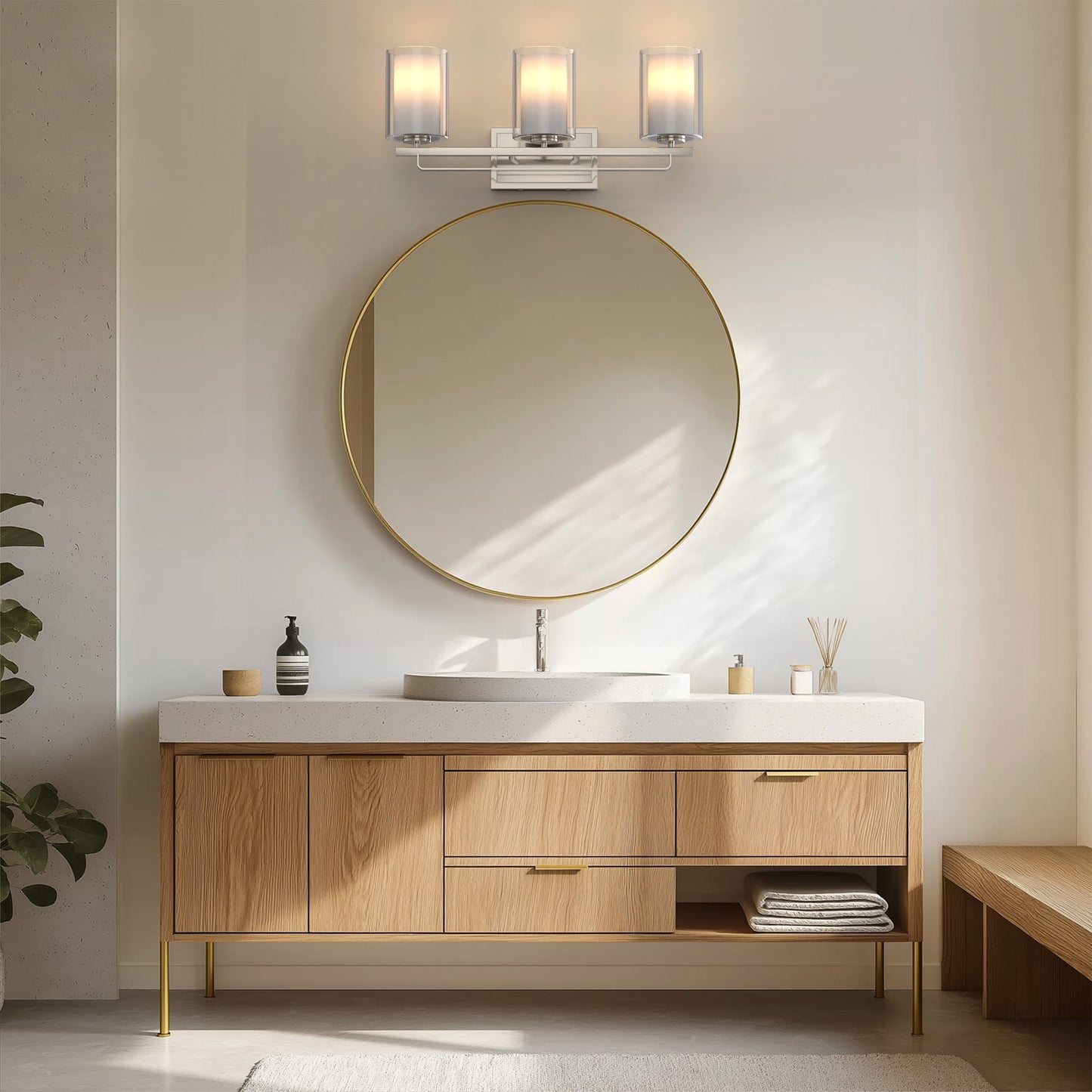 22 in. Industrial Brushed Nickel 3-Light Vanity Light, Clear Glass Shades and Sleek Design for Bathroom